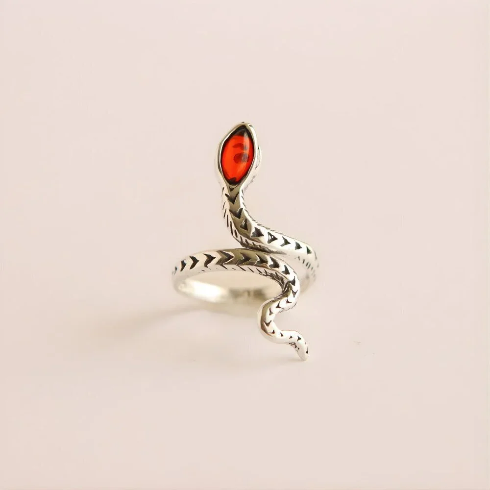 Baltic Cherry Amber Snake Ring in Sterling Silver